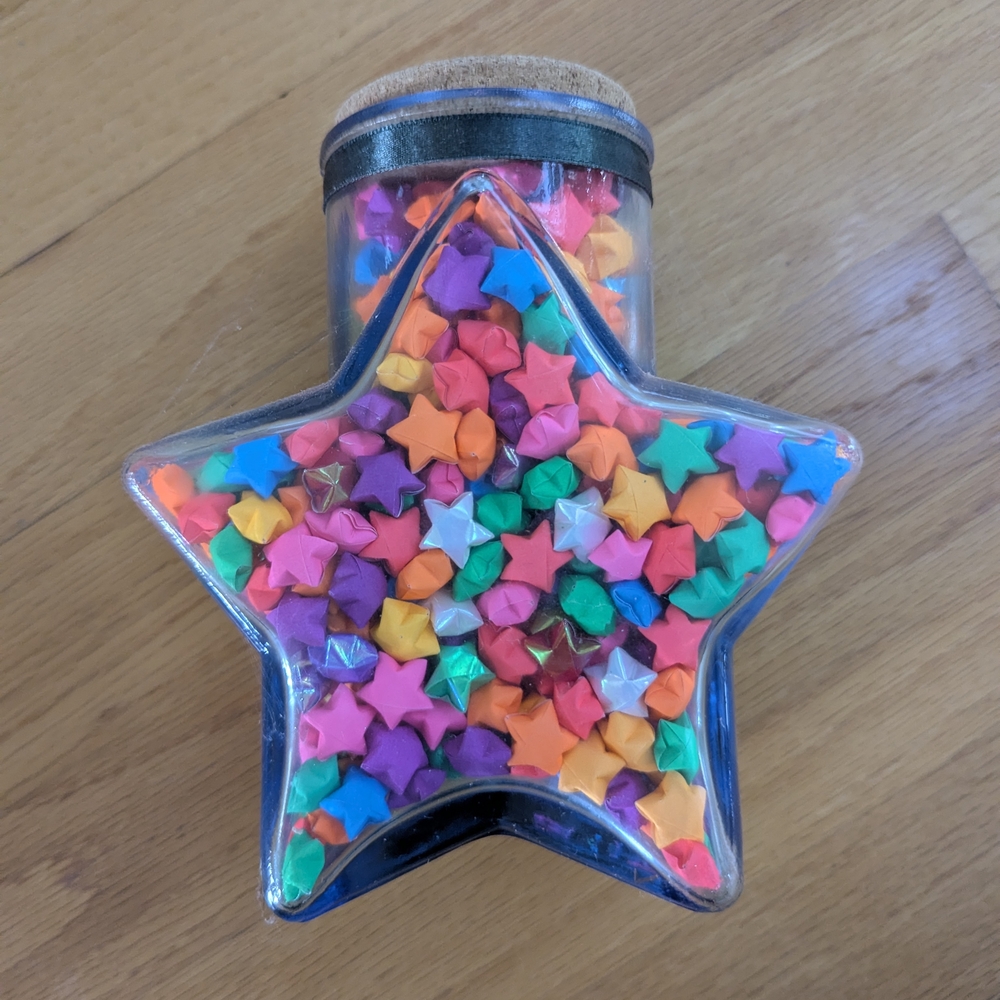 Star-Shaped Glass Jar with Colorful Origami Stars, About 5" X 7"